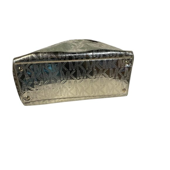 MICHAEL KORS Mason Medium Logo Embossed Metallic Gold Leather Satchel - Picture 3 of 10